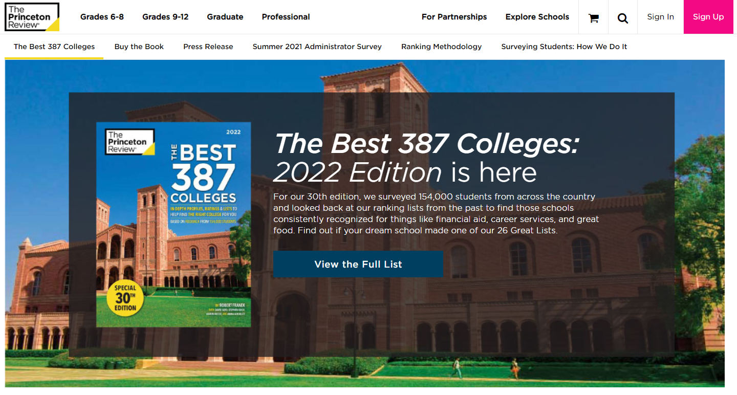 《普林斯顿评论》在其官方网站上发布了2022年最新美国大学排名